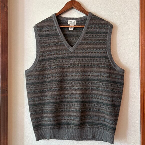 L.L.Bean 100% Lambswool V-Neck Sweater Vest Geometric Grandpa Preppy Size L - Picture 1 of 7